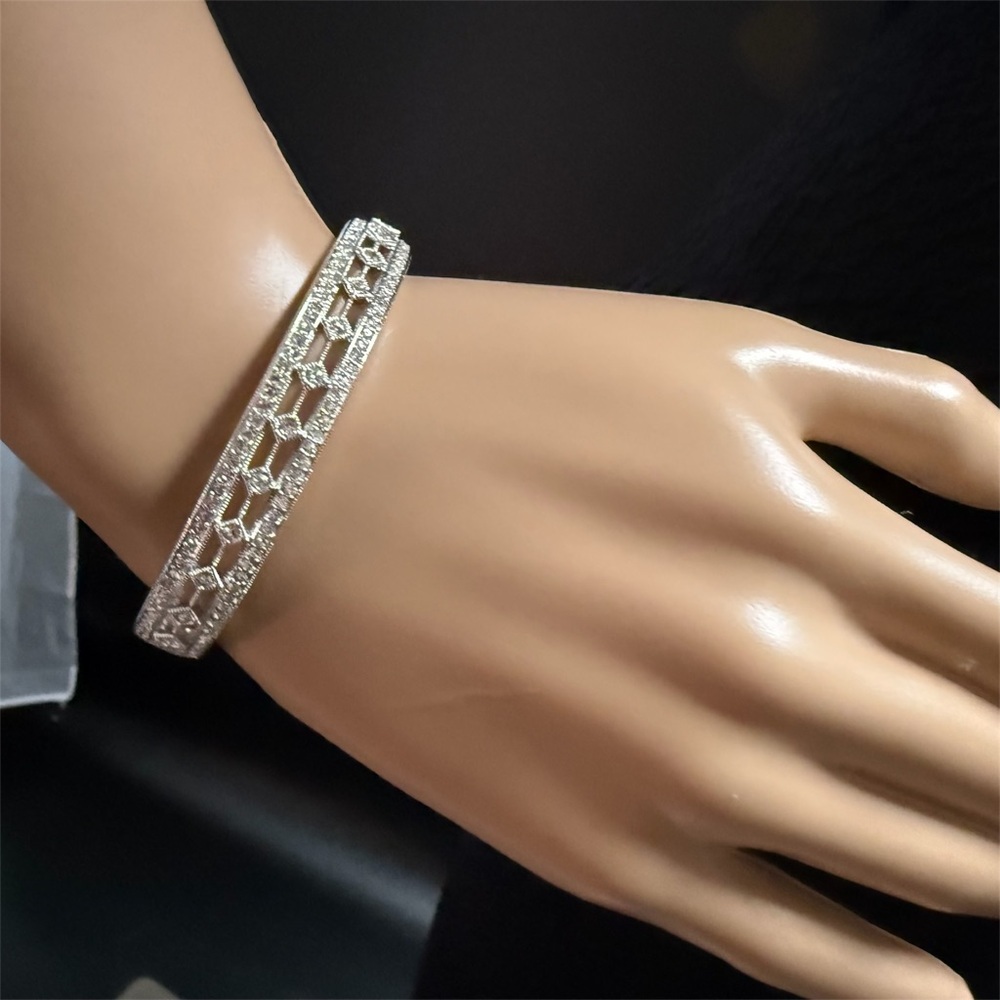 Nadri Silver Tone Crystal Hinged Bangle Bracelet Art Deco Openwork Pavé - Picture 14 of 16